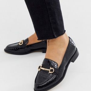 Black Croc-Effect Loafers with Gold Bit Detail - Women